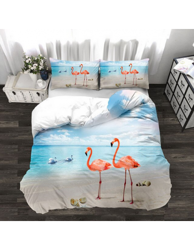 Housse de Couette Flamant Rose Plage en linge