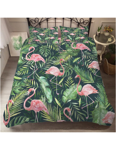 Housse de Couette Flamant Rose Feuille en linge